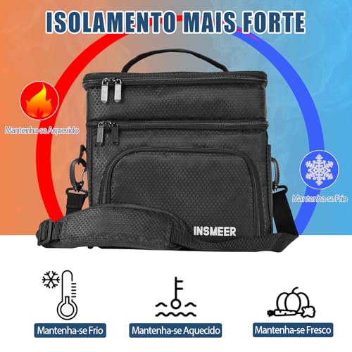 INSMEER Bolsa Térmica Marmita Para Homens, 2 Compartimentos Lancheira Termica Para Adulto Masculina Bolsa Termica De Separado Para Alimentos Quentes E Frios (2 Compartimentos, Preto)