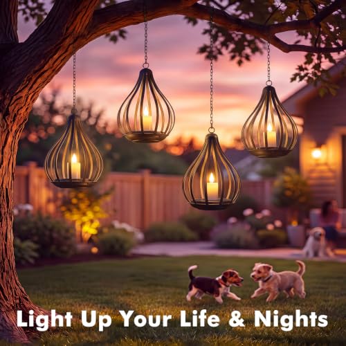 Solmora Set of 2 Solar Lantern Outdoor Hanging LED Candle Lights Flickering Flame Effect IP65 Outdoor Garden Decoration for Christmas, Halloween, Balcony, Patio, Camping