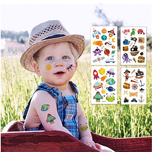 Temporary Tattoos for Kids, BUVE 240 + Design Kid Face Tattoos Pirate Shark Mermaids Spaceships Summer Tropical Party Favors Body Sticker for Boys Girls, 20 Sheet