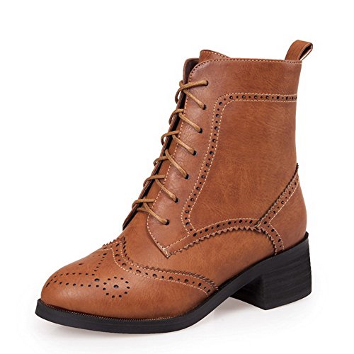 WeiPoot Womens Round Closed Toe Kitten Heels PU Solid Boots with Bandage and Hollow Out, Yellow, 10 B(M) US WeiPoot Womens Round Closed Toe Kitten Heels PU Solid Boots with Bandage and Hollow Out, Yellow, 10 B(M) US