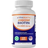 Vitamatic Biotin 20,000 mcg Tablets with Keratin, 120 Count - Made in USA | Supports Healthy Hair, Nails and Skins*, Non-GMO, Gluten Free