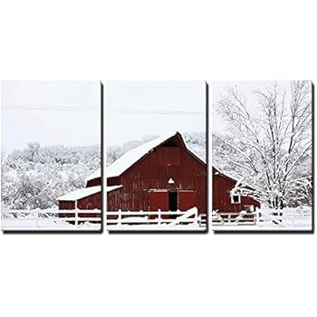 wall26 - 3 Piece Canvas Wall Art - Big Red Barn in The Snow - Modern Home Decor Stretched and Framed Ready to Hang - 24
