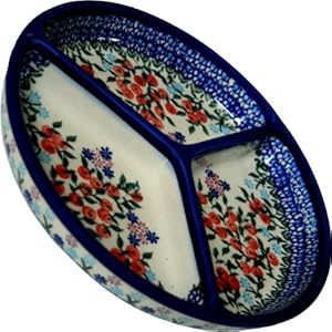 Polish Pottery Ceramika Boleslawiec 0727/282 Royal Blue Patterns Mercedes Divided Platter, 10-3/4-Inch Diameter, Red Berries and Daisies