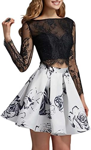 Women's Floral Long Sleeve Prom Dresses 2018 Short Formal Party Gowns Size 6 Black