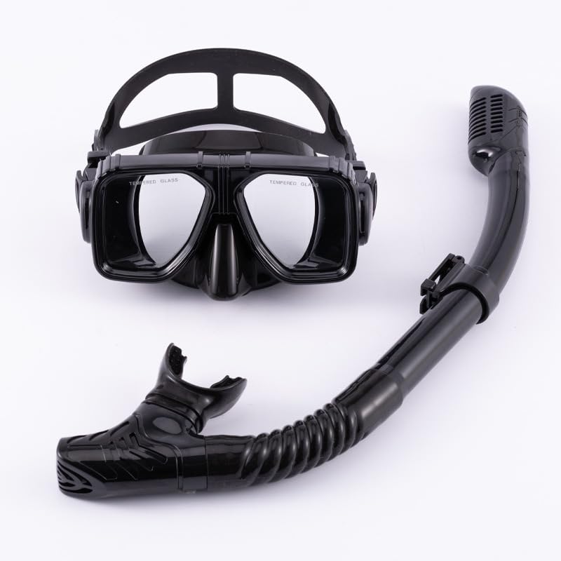 Mask & Snorkel Set – Tempered Glass Swimming Diving Goggles - Adjustable Head Strap Anti-Fog Snorkeling Package - Adult Scuba Dry Snorkel Set for Man Woman (Black)