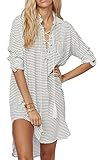 KingsCat® Striped Drawstring Beach Dress Style Swimsuit Cover Up,One size,White