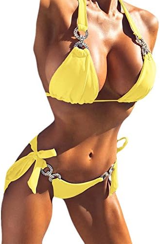 Anglewolf Women's Sexy Crystal Bandage Bikini Set Push up Padded Swimwear Swimsuits Bathing Suits Ladies Sexy Bikini Swimwear Bathing Costume Summer Casual Solid Beachwear Set