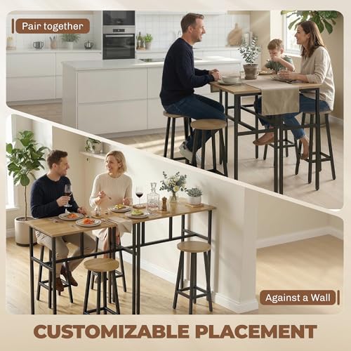 HOMCOM 6-Piece Bar Table Set, 2 Breakfast Tables with 4 Stools, Counter Height Dining Tables & Chairs for Kitchen, Living Room, Grey-Brown Wood Grain
