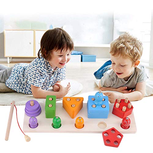 Sendida Montessori Wood Toys Toddlers Puzzles Preschool Educational Kid Toys Sorting Shape Color Blocks Stacking Toys Fishing Game 2 in 1 Learning Toys Gift for 2 3 4 Years