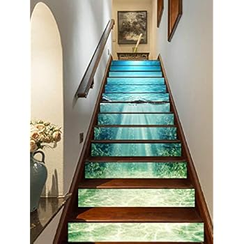 FLFK 3D Deep Blue Ocean Self-Adhesive Stair Risers Stickers Vinyl Staircase Stickers Wallpaper Home Decoration 39.3Inch x7.08Inch x13pcs