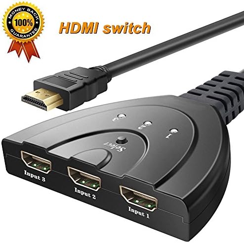 HDMI Splitter Switch with 3 In 1 Out Ports and High Speed Pigtail Cable Supporting 1080P, 3D, HD Audio, Auto HDMI Switches