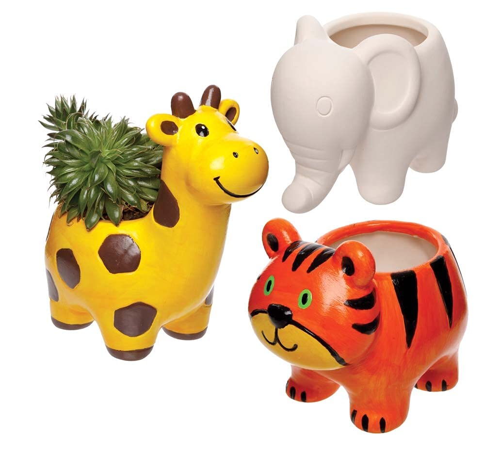 Baker Ross FE220 Jungle Animal Ceramic Flowerpots Box of 3, Paintable Creative Art and Craft Projects for Kids to Make, Personalise and Decorate