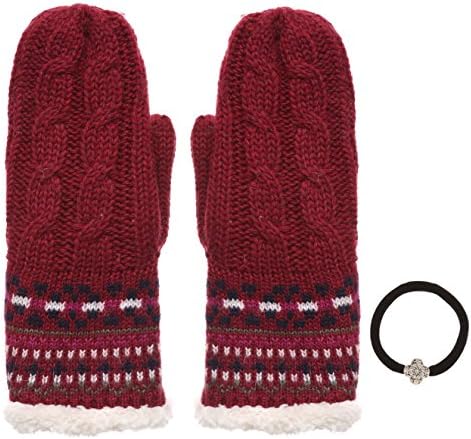 Women's Winter Wool Blend Cable Knitted Mitten Plush Lining Gloves with Hair Tie.(413,Wine)