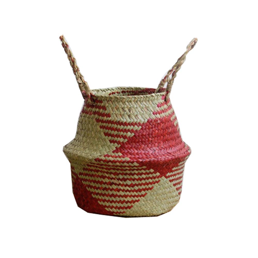 SZETOSY Natural Seagrass Basket - GOODCHANCEUK Seagrass Belly Basket Hand Woven Storage Basket With Handle Toys Laundry Basket Flower Planter Red Rhombus Style#3 27CMx24CM