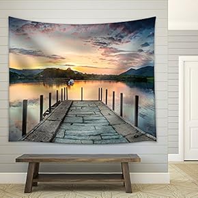 Inviting Jetty Leading to a Dramatic Sunset Reflected in a Perfectly Still Derwent Water - Fabric Wall Tapestry Home Decor - 51x60 inches