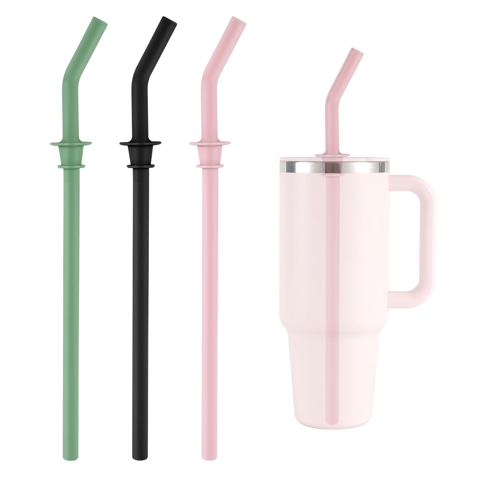 3pcs Replacement Straws for Hydro Flask Travel Tumbler 40oz, BPA Free Reusable Silicone Tumbler Straws for Hydro Flask Water Bottle Accessories (Black, Pink and Green)