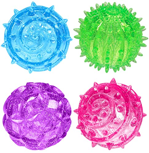 JA-RU Light Up Rubber Spike Balls (Pack of 4 with Flashing Lights) | Great Fidget Toy for Kids | Bulk Bouncing Sensory Balls | Plus 1 Bouncy Ball. #695-4p