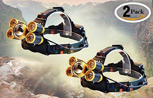 2 Pack 5 Led Bulbs Cree XML-T6 10000 Lumens Headlight + 4R5 4 Mode 18650 Rechargeable Waterproof Headlamp Super Bright Adjustable Headlamp for Outdoor Hiking Camping Riding Fishing Hunting