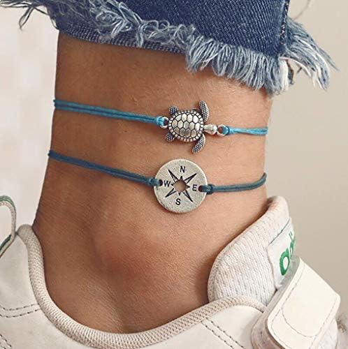 Leiothrix Boho Turtle Anklet Bracelet Woven Compass Chain Knitted Foot Jewelry for Beach Party Casual (Style â…¢)
