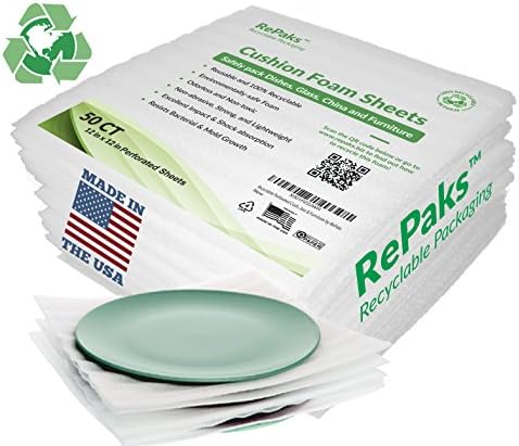 Foam Wrap Sheets by RePaks - 12" X 12" (50 Pack) Eco Friendly Perforated Cushioning Pads for Packing, Dishes, Moving, Storage, and Shipping