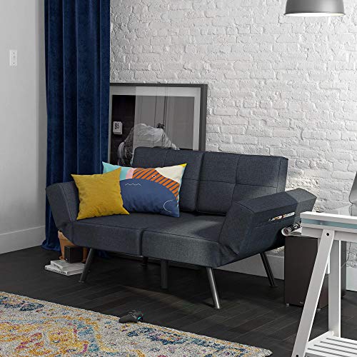 REALROOMS Euro Loveseat Futon, Couch, Adjustable Armrest Sleeper, Blue Linen - Thumbnail 6