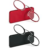 REAVEE 2 Pack Pinch Nose Clip on Reading Glasses Armless for Men Women, No Temple Slim Compact Readers Ultra Thin with Mini Portable Case, Black and Red +1.0