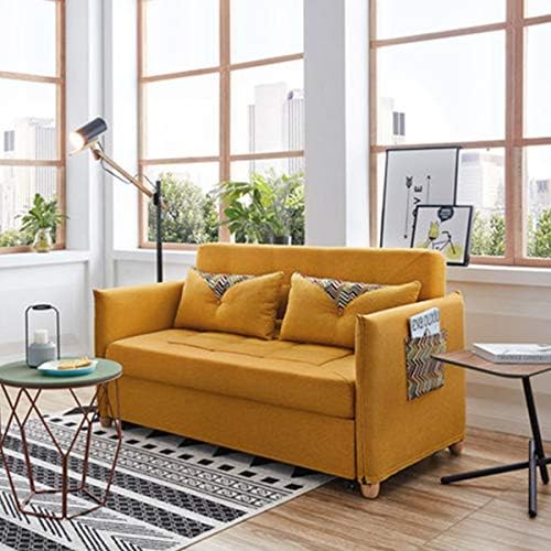 Momei Sofa Bed Classic Upholstered Couch Sofa Loveseat, Linen Fabric Convertible Folding Sleeper Couch Lounger with Arm Chair and 2 Big Lumbar Pillow (Yellow) - 59 inches