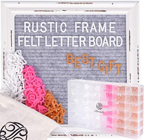 Letter Board - Farmhouse Rustic White Wood, Sorting Tray, 525 Precut White, Pink, Gold Letters, Numbers, Emojis, Gray Felt 10x10 Antique Vintage Frame, Changeable Message, Stand, Cotton Bag JL Brands