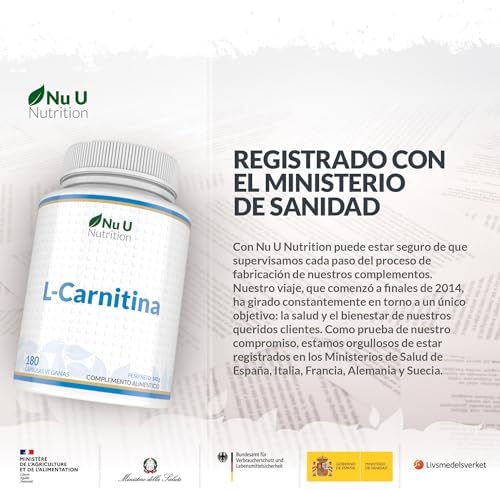 L-Carnitina 2200mg - 180 Cápsulas Veganas de Alta Potencia - Con riboflavina, biotina, cromo, vitamina D, B3 y B6 - Tartrato de L-Carnitina - Fabricado en Europa - Nu U Nutrition