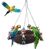 Keersi Natural Rattan Nest Large Bird Swing with Bells for Parrot Parakeet Cockatiel Conure Lovebird Cockatoo Macaw Amazon African Grey Budgie Lovebird Cage Perch Toy