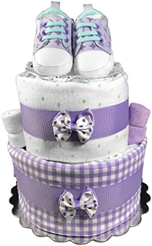 Diaper Cake for a Girl - Purple Shoes Newborn Baby Shower Centerpiece 5 Piece Gift Set