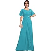 Monvelli Asymmetrical Neck Beading Mother of The Bride Dresses Long Ruffle Chiffon Formal Evening Gowns with Pockets