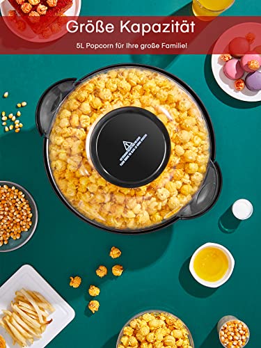 FOHERE Popcorn Machine, 5.5 L Popcorn Maker for Home, Popcorn Machine with Sugar, Butter, Non-Stick Coating and Removable Heating Surface, Quiet and Quick, Large Lid as Serving Bowl (RED)