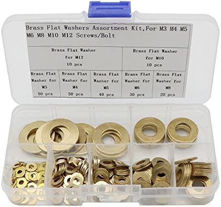 210 Pcs Brass Flat Washers Assortment Kit for M3 M4 M5 M6 M8 M10 M12 Screws Bolts