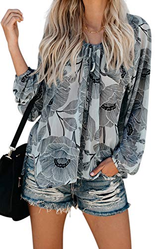 FARYSAYS Women's Summer Autumn Boho Print Long Sleeve V Neck Shirts Casual Tops Loose Blouse Grey Small