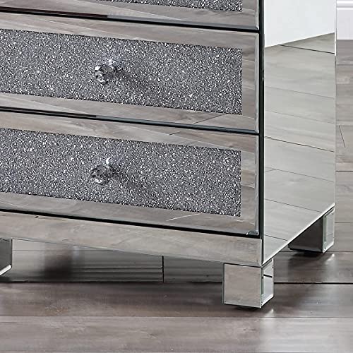 MIREO Mirrored Nightstand with 3 Drawers, Mirror Accent Silver Table