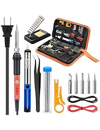 Yome   Kit de soldador eléctrico de hierro con interruptor de encendido apagado, 5 puntas de soldadura, bomba de desoldar, pinzas, soporte, soldador, bolsa de transporte de poliuretano