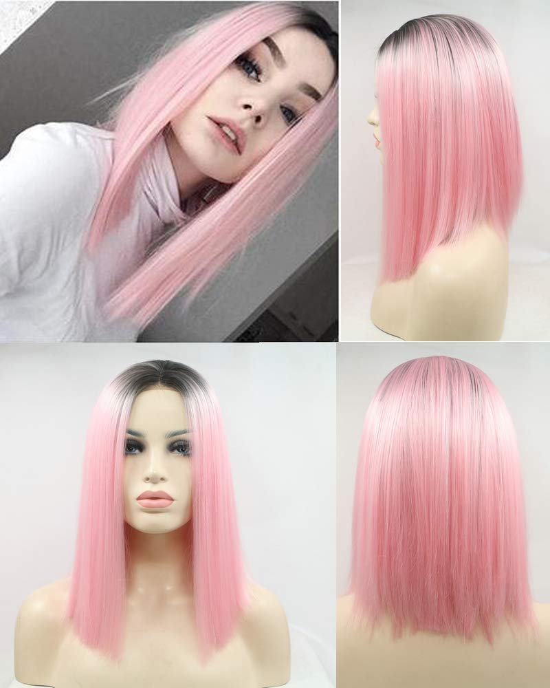 Short Bob Wig Pink Lace Front Wig Pale Roots Ombre Synthetic Wigs Pastel Wig Natural Looking for Women Shoulder Length Haircut 14inches