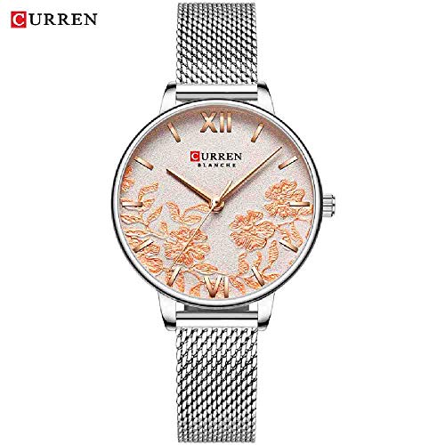Reloj de Pulsera Curren Mujer Reloj de Flores de Primeras Marcas de Lujo Relojes de Pulsera de Acero Inoxidable para Mujeres Damas Reloj de Pulsera Regalos