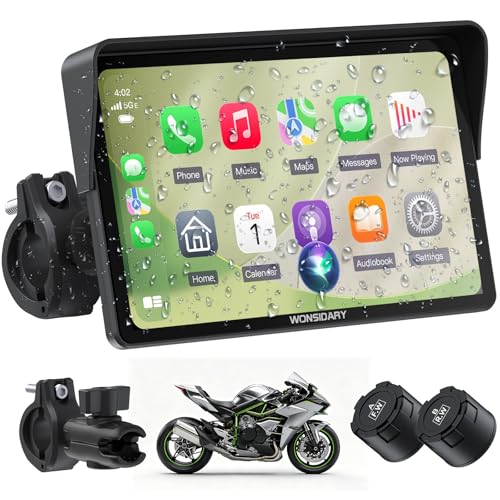 Wonsidary W722TPMS Schermo CarPlay Moto 7" Wireless con Android Auto Moto,TPMS,Display GPS Moto Impermeabile IP67,Audio Bluetooth Doppio,Controllo Vocale,EQ,Sensore di Luce,Alimentazione USB/ACC
