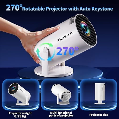 Mini Projector 4K 1080P Full HD Video Portable Projector Support with WiFi 6 & Bluetooth 5.2, Auto Keystone Adjustment Built-in Apps Smart with 270° Rotation for USB/TV Stick/HDMI-White
