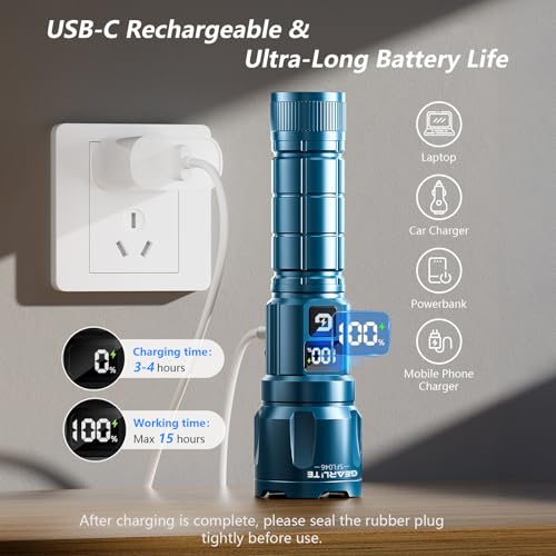 GEARLITE LED Rechargeable Torch, 3 Light Modes, 6000 L, Super Bright Zoomable Torches with LCD Battery Display, IP65 Waterproof & XHP70.2 Tactical Torch for Camping, Fishing, Emergencies (2, Blue)
