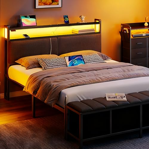 KVOZEN Cabecero de Cama Queen Size 150cm con Luces LED RGB Inteligentes, Cabecero Acolchado con 4 Puertos de Carga USB y Type-C, Estante y Control Remoto, Cabecero Matrimonial Moderno para Dormitorio
