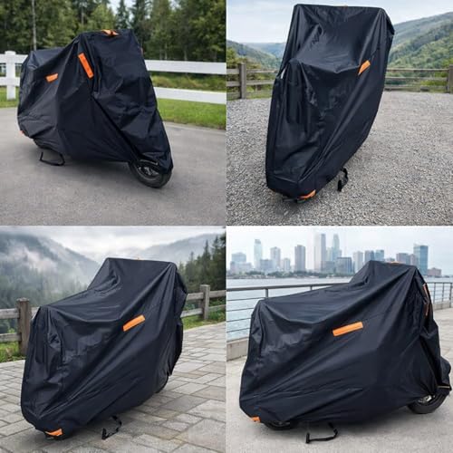 Beauenty Universal Motorcycle Cover,Preventing Wind, Rain,Snow,Dust,Uv Rays With Anti Theft Lock Hole,Reflective Strips,Storage Bag,All Season Durable 420D Oxford Fabric,(XL,Black)