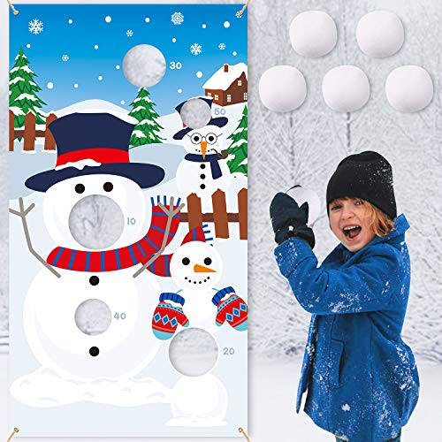 CiyvoLyeen Snowman Toss Games Banner, Winter Christmas Holiday Party Cornhole Game with 5 Snowballs for Kids Adults Family Gathering Indoor Outdoor Frozen Party Supplies