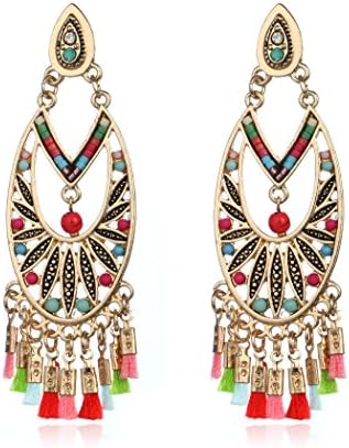 Bohemian Multicolor Resin Beads Hollow Flower Oval Tassel Drop Earring (Gold)