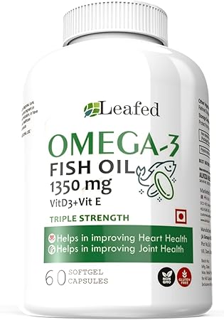 Leafed Fish Oil Omega 3 Triple strength 1350 mg with Vitamin D3 & Vitamin E (100% RDA) - 60 Softgel Capsules
