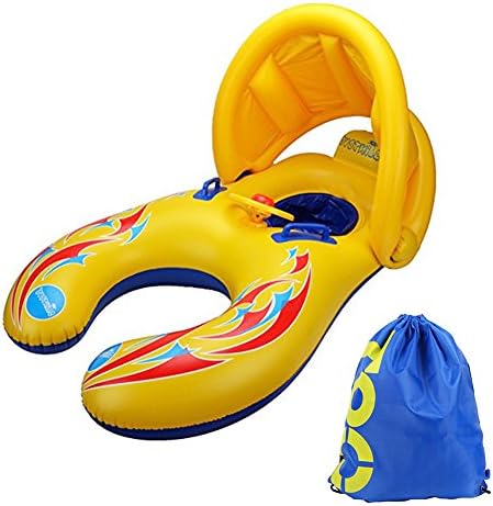 Mother and Baby Swimming Ring Pool Float, Dual Person Mommy Baby Safe Inflatable Swimming Pool Float Seat with Removable Canopy