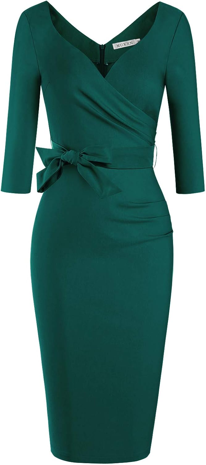 MUXXN Women's Classic Retro V Neck Half Sleeve Sheath Formal Juniors Dress