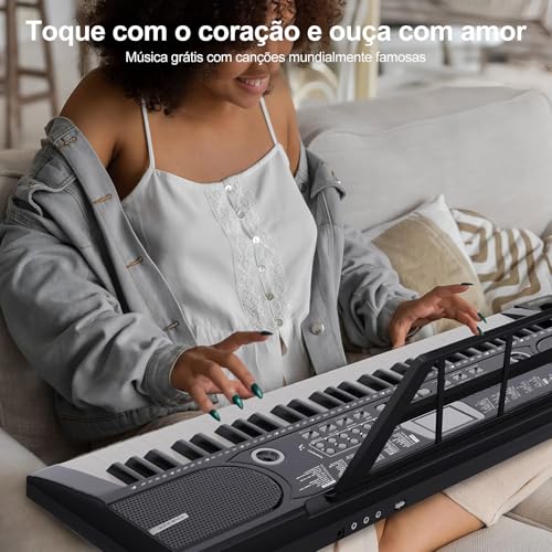 Teclado Musical 61 Teclas Piano Digital Eletrônico com Microfone Alto-falante Integrado Teclado Portátil Iniciante Teclado Musical Profissional